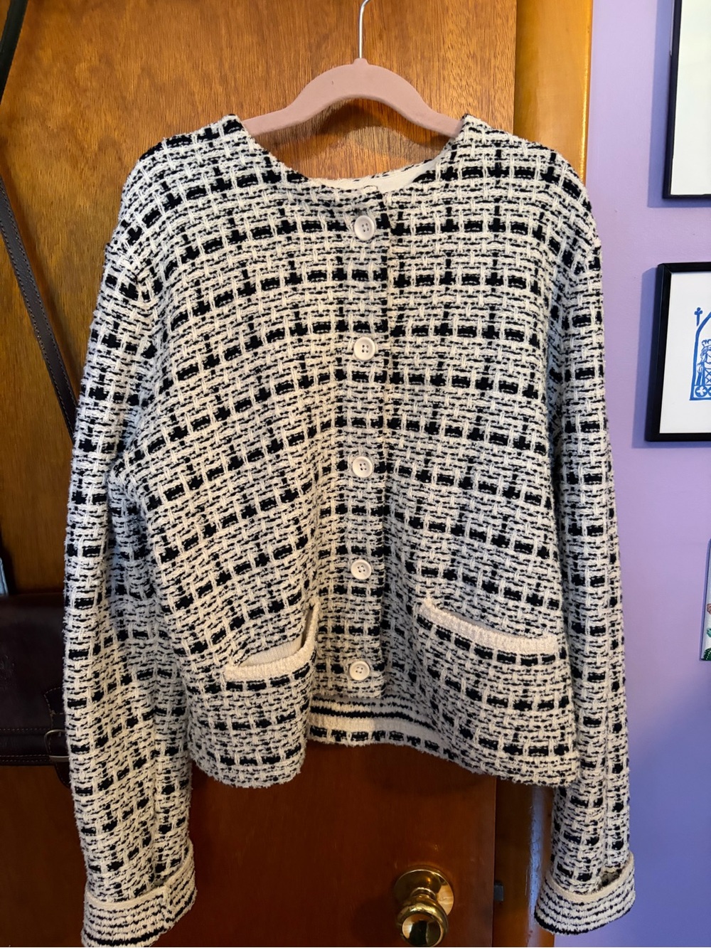 Uniqlo Black and White Tweed Button-Front Cardigan Size Small